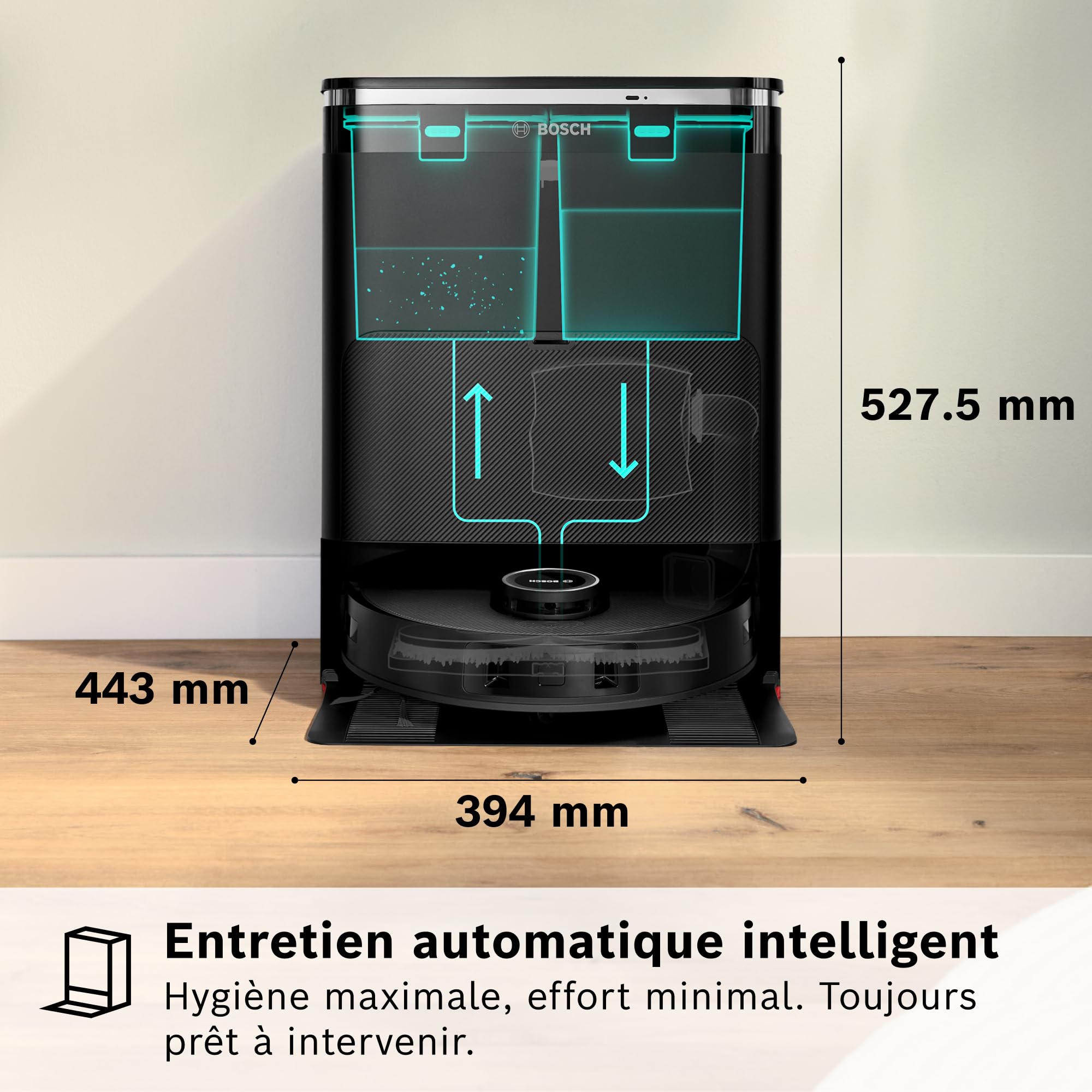 Bosch Spotless Max Cam BCRDW3BX, Robot aspirateur-Laveur avec caméra Smart Vision, serpillère rotative, 11 000 Pa, Station de Service sèche-Humide, Ap
