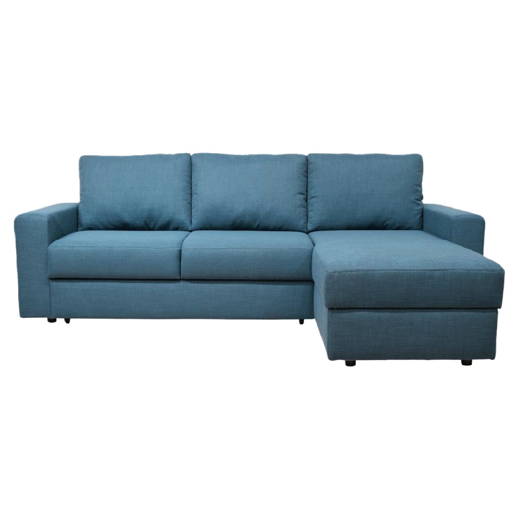 Canapé d’angle convertible 4 places en tissu bleu – méridienne réversible avec coffre de rangement, design moderne