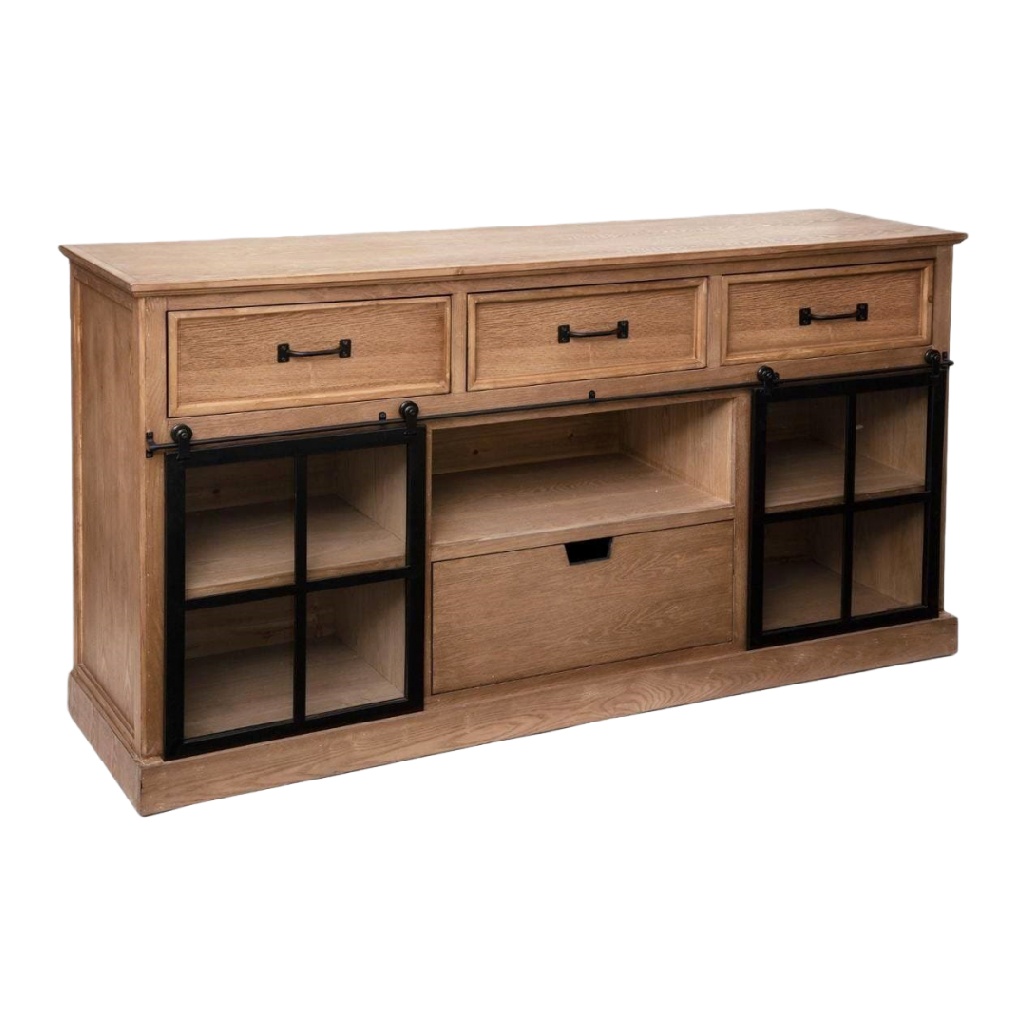 Buffet industriel en bois et métal — 3 tiroirs + portes coulissantes vitrées — style loft / vintage — chêne naturel et noir