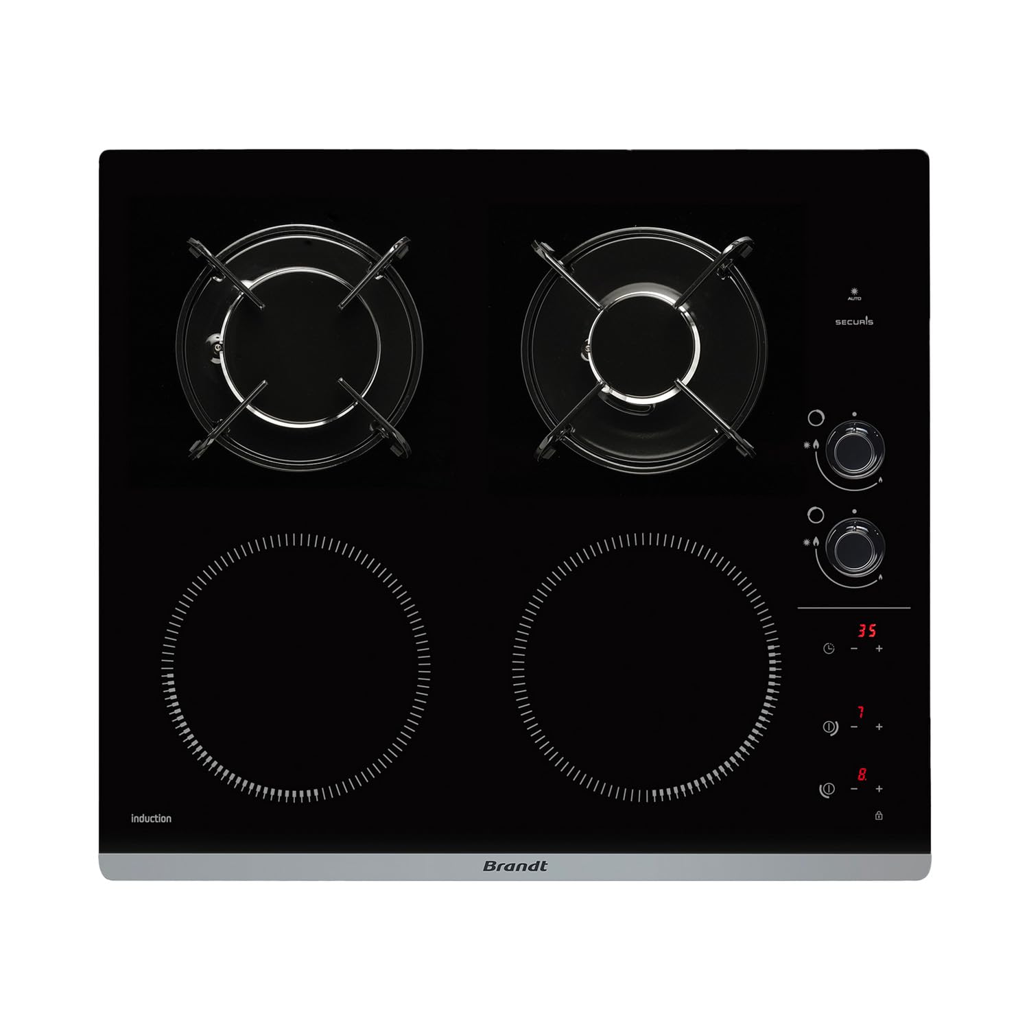 Brandt - BPI6413BM - Plaque Induction et Gaz - Table de Cuisson - Noir - 4 Foyers - 3400W Electrique et 4600 Gaz - Dimensions Encastrement : 56x49cm -