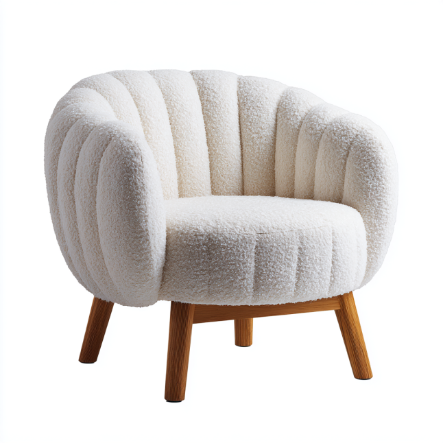 Fauteuil rond compact avec accoudoirs plissés et pieds en bois