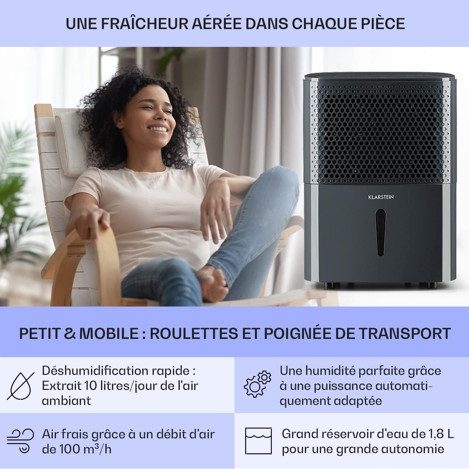 KLARSTEIN DryFy - Déshumidificateur silencieux, Réglage Niveau d'humidité, Minuterie, Puissance 240W, Réservoir d'eau de 1,8L, Pièces de 15-20 m² (jusqu'à 100 m³), 40 DB, 10 L/24h - Anthracite