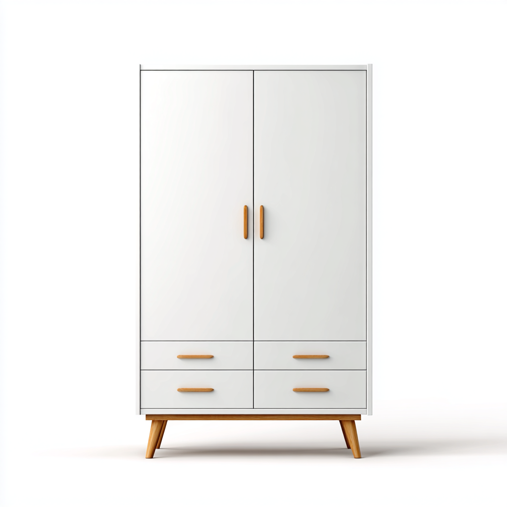 Armoire blanche avec 4 tiroirs et pieds en bois style scandinave