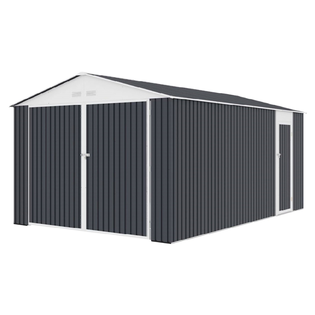 Grand abri de jardin en métal 4,3 × 3,0 m gris et blanc avec double porte frontale et porte latérale – structure acier galvanisé