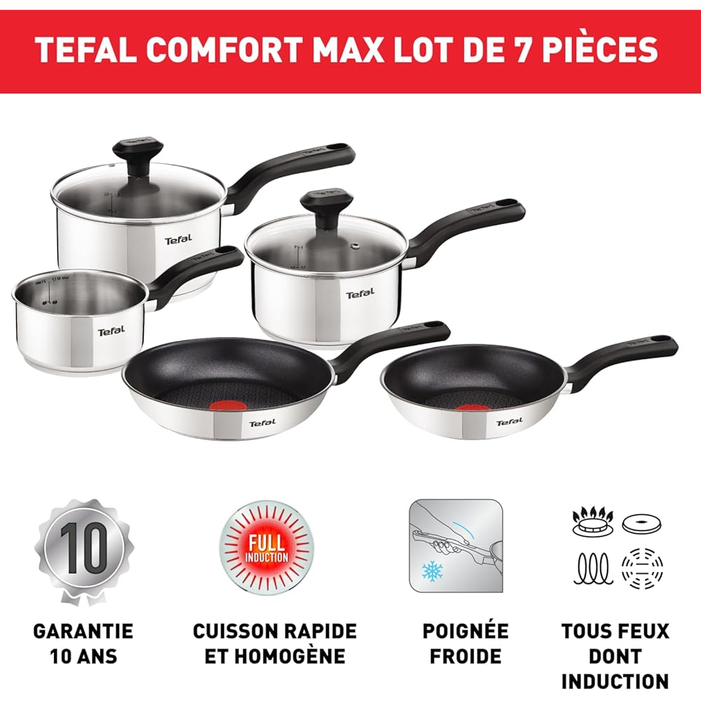 Tefal Comfort Max Casseroles 14/16/18 cm + couvercles 16/18 cm, Poêles 20/24 cm, Induction, Revêtement antiadhésif sur (poêles), Inox haute qualité, Garantie 10 ans, Poignées thermo-isolées C972S544 : Cuisine et Maison