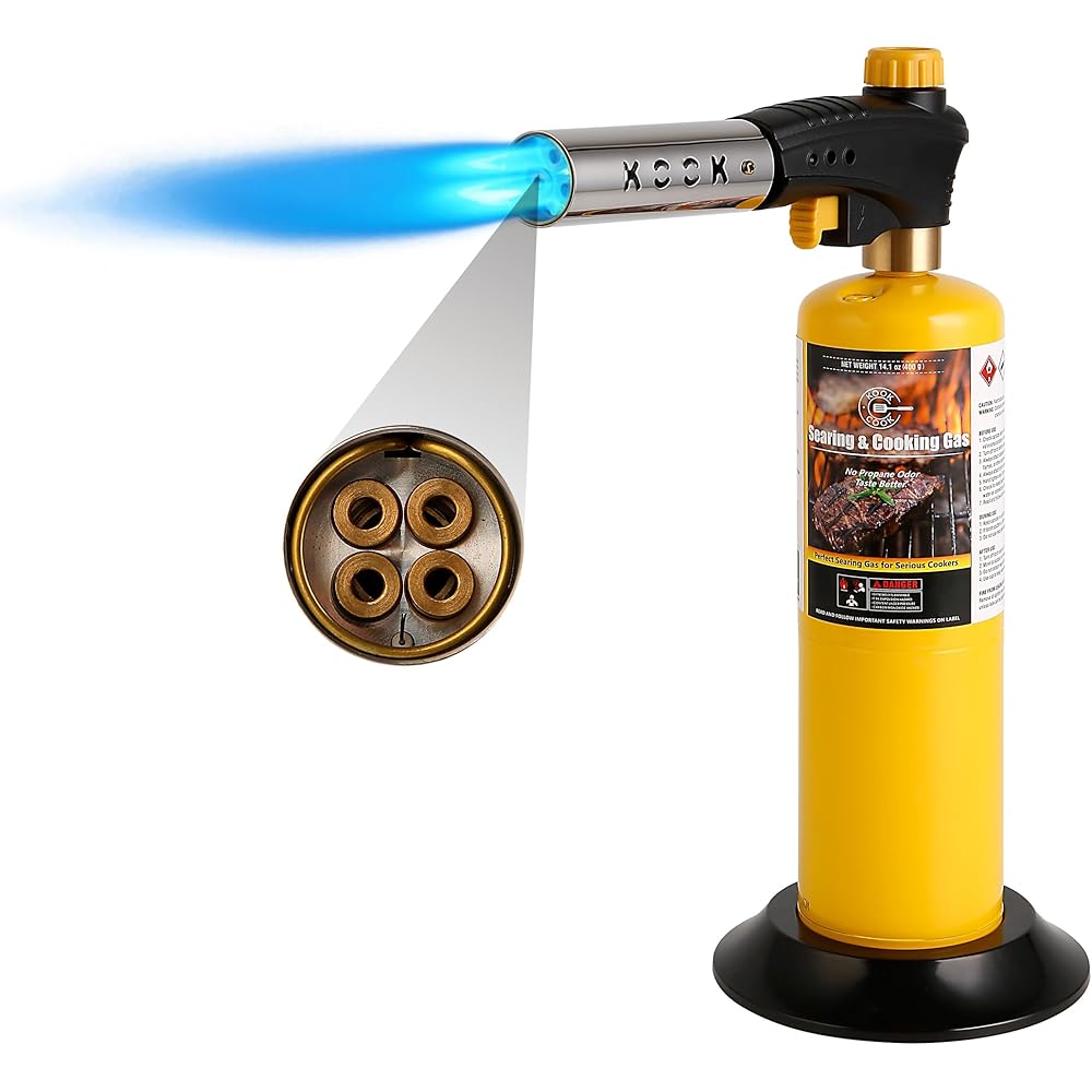 KOOKCOOK Tête de torche au propane, puissante tête de chalumeau à 4 flammes avec allumage, kit de pistolet à gaz MAPP MAP sur support de réservoir de propane de 0,5 kg pour souder, souder, braser, : Bricolage