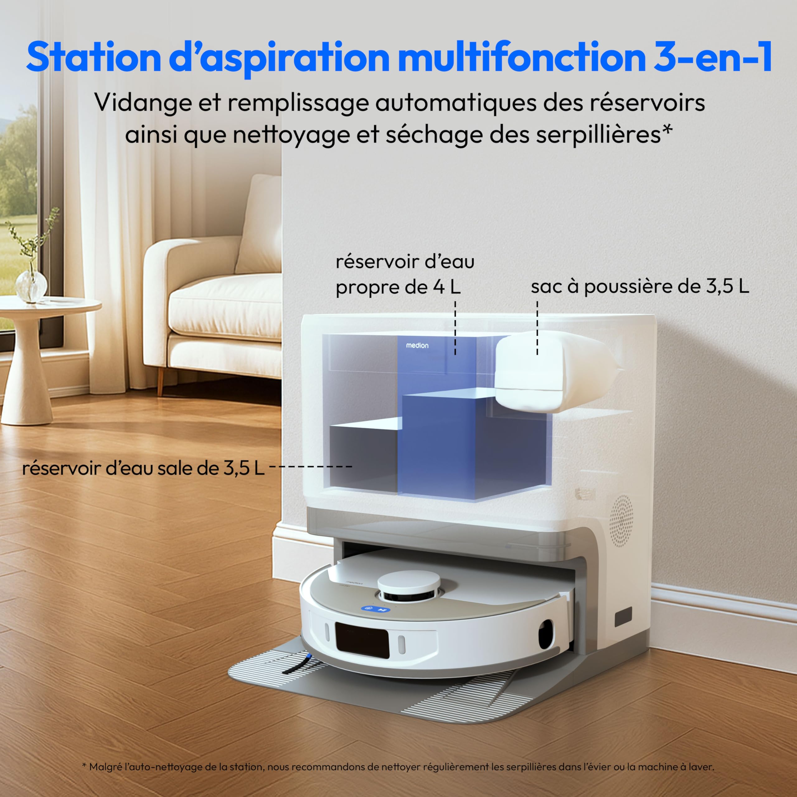 MEDION Robot aspirateur avec Station 3-en-1, Navigation Laser et Fonction serpillère X55 SW+ (Puissance d’Aspiration 10.000 Pa, brosses rotatives, Las
