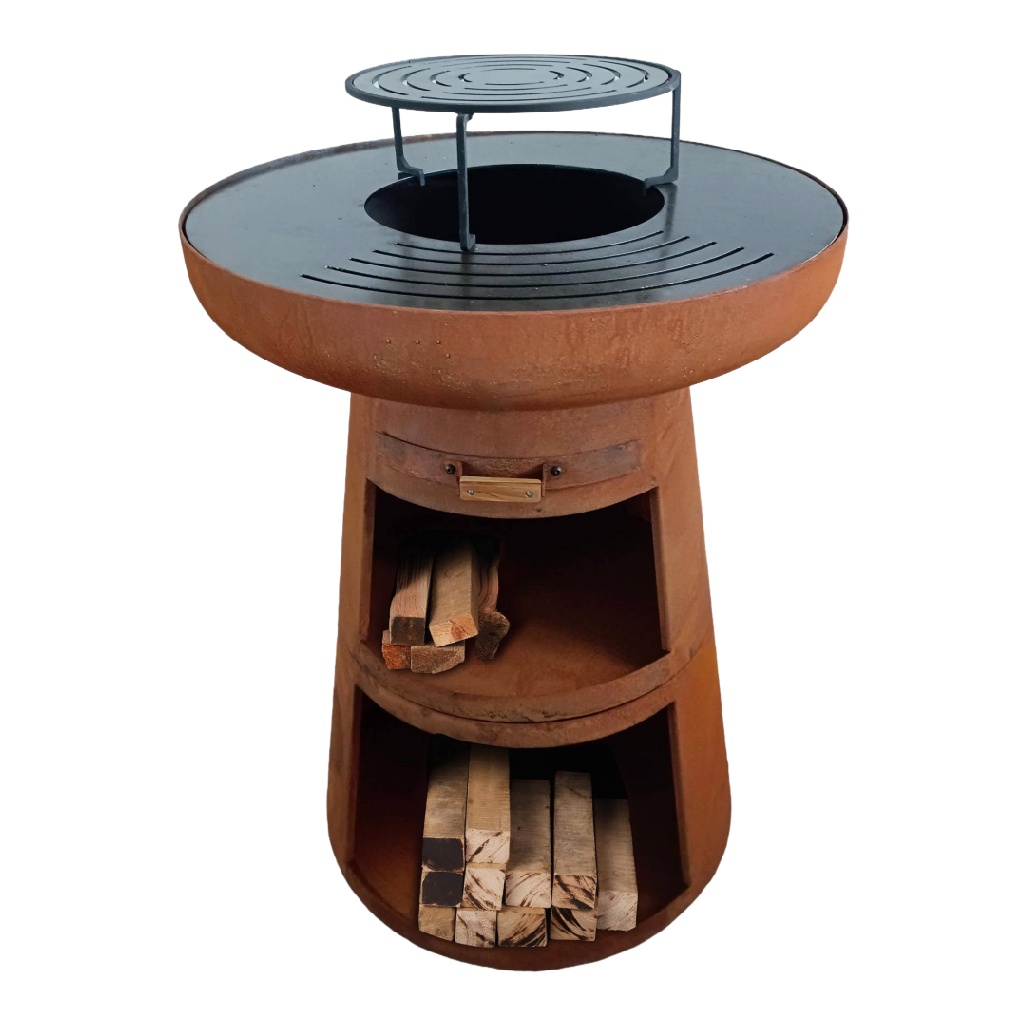 Brasero barbecue en acier corten – foyer extérieur avec plaque de cuisson