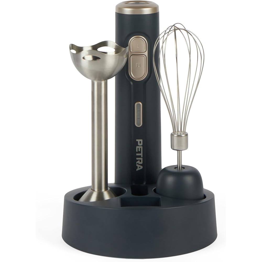 Petra PT5394BGRYVDE Mixeur 2 en 1 sans fil avec fouet et tige de mixage en acier inoxydable, batterie rechargeable de 10,8 V, 2 vitesses, base de rangement antidérapante et voyant LED : Cuisine et Maison