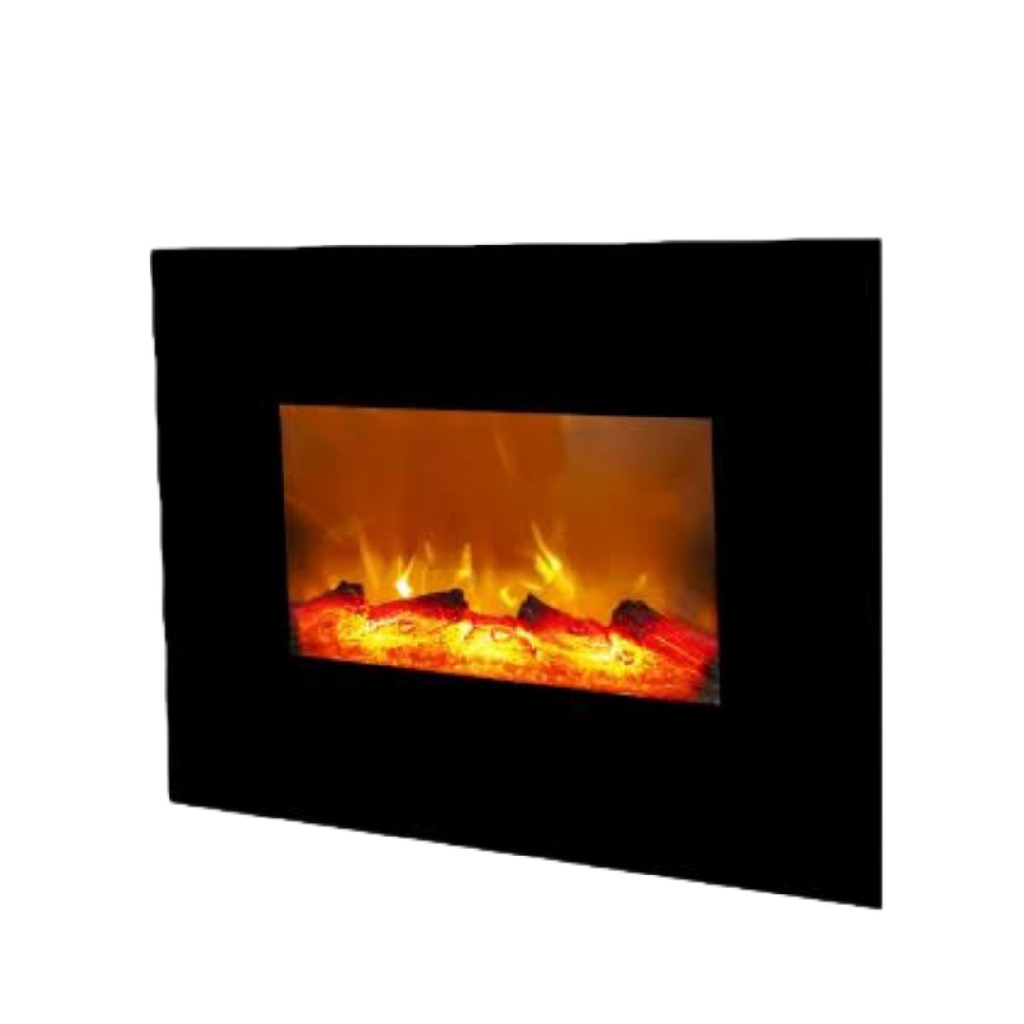 Cheminée électrique murale à effet flamme LED et façade en verre noir