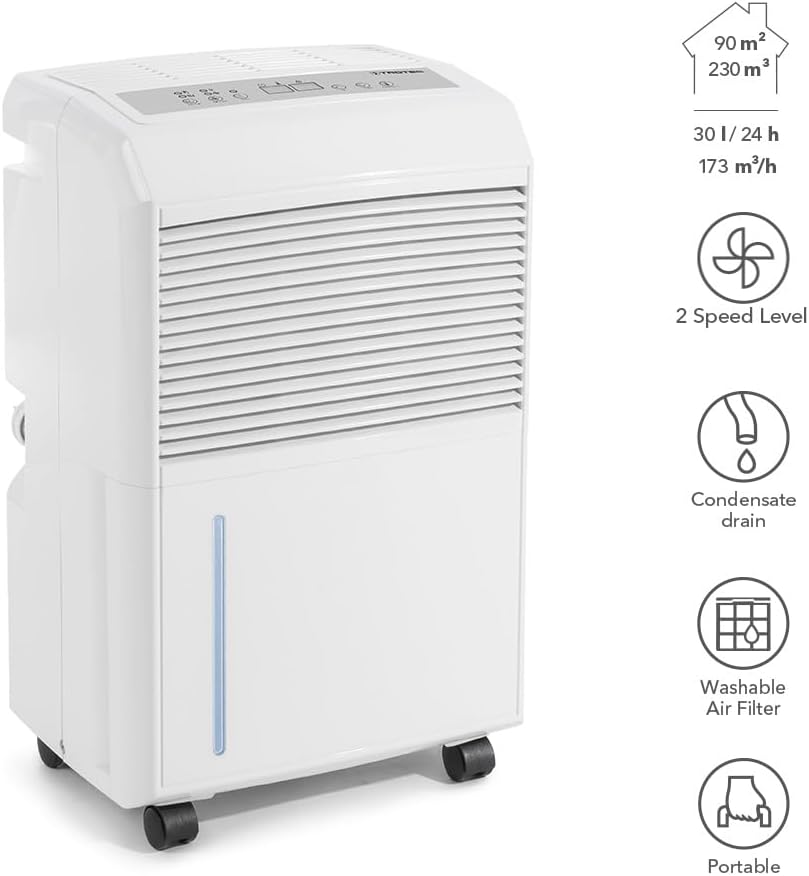 TROTEC TTK 90 E Déshumidificateur d'air, Déshumidificateur Electrique, Déshumidificateur Portable, Absorbeur d'humidité, Déshumidification max. 30 l/j, pour 90 m² max., Hygrostat intégré