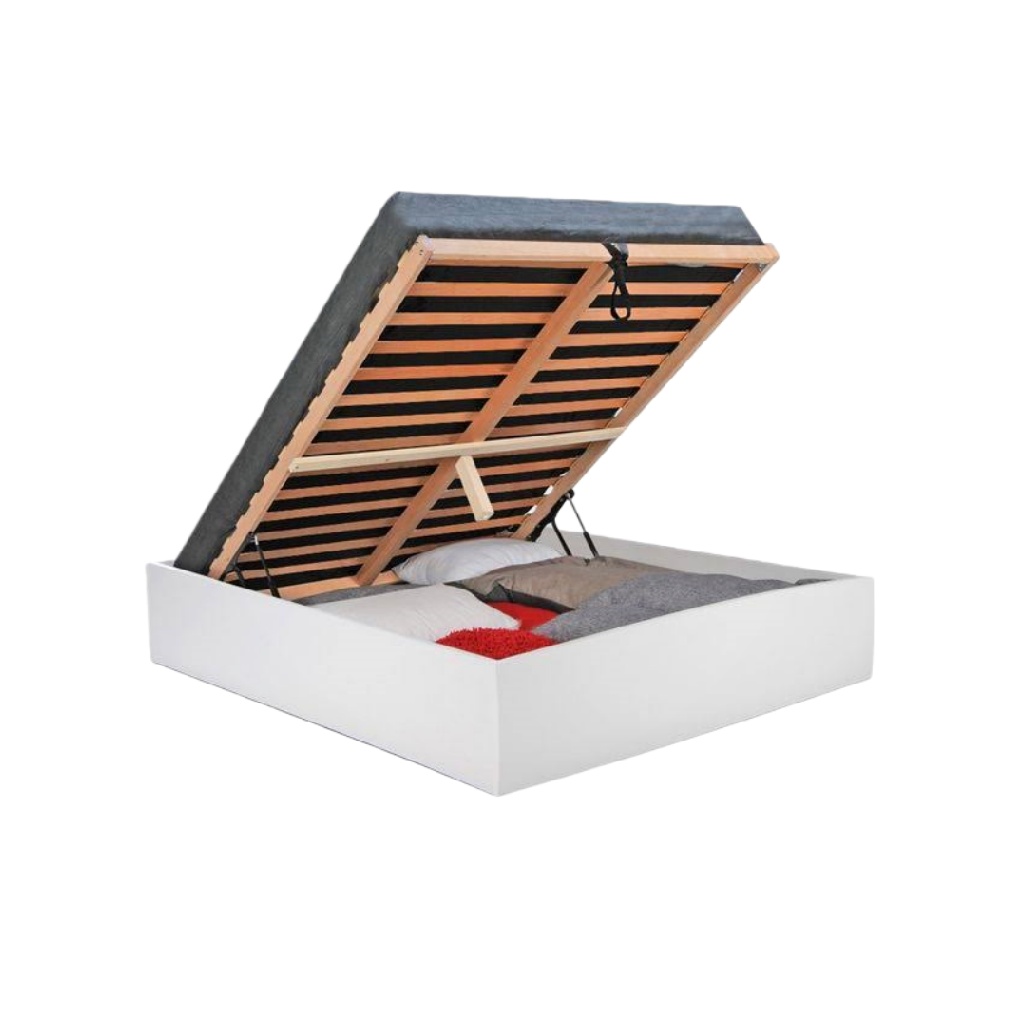 Lit coffre à vérin hydraulique en bois blanc — Grand espace de rangement