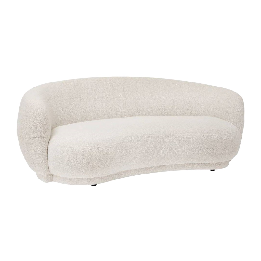 Canapé 3 places courbé en tissu bouclette blanc crème – design moderne et élégant, confort enveloppant