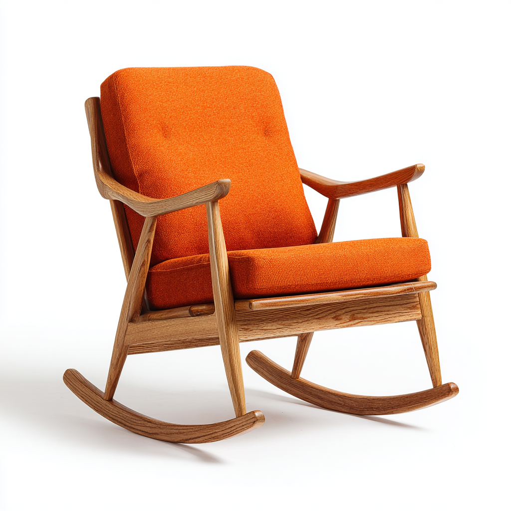 Fauteuil à bascule en bois avec coussins orange – Style rétro scandinave