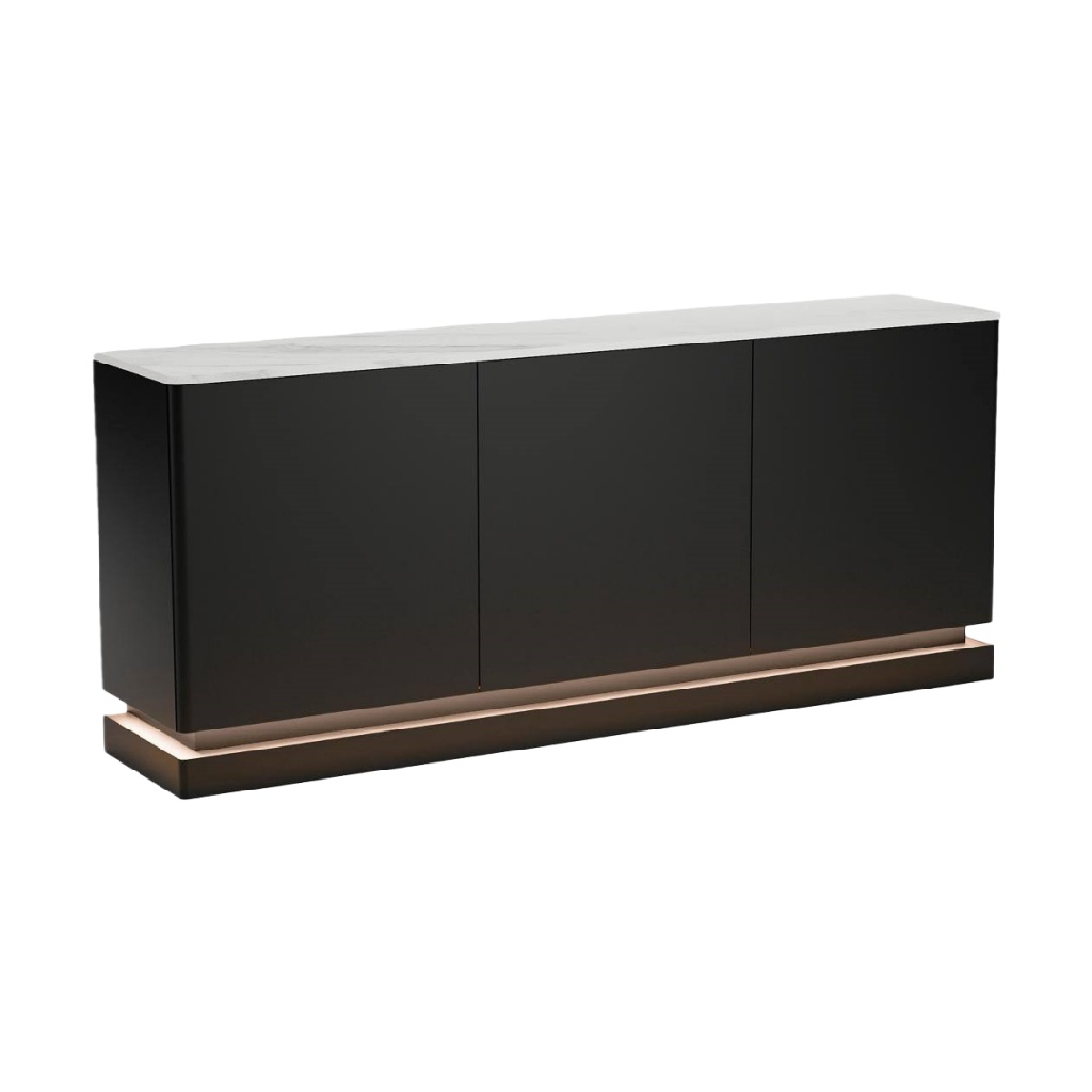 Buffet moderne noir avec plateau effet marbre — 3 portes — base lumineuse LED