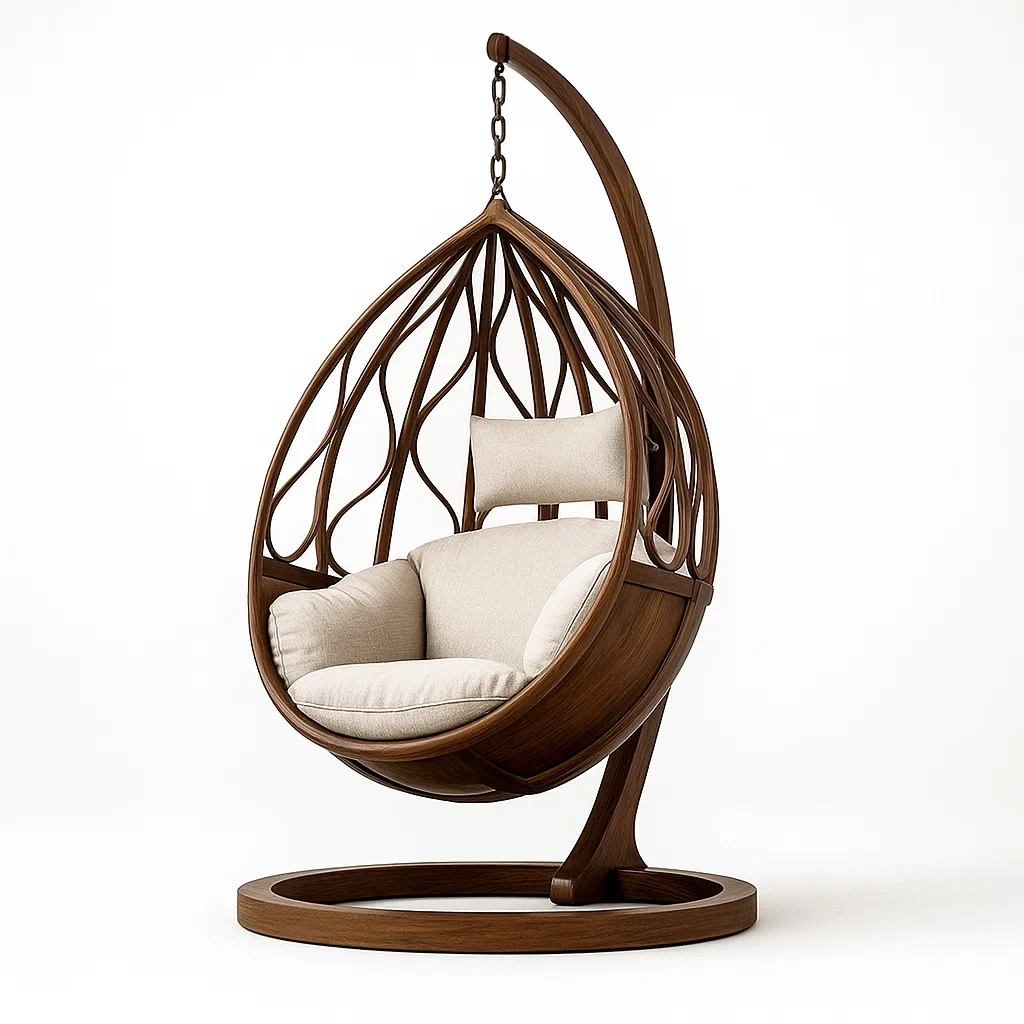 Fauteuil œuf suspendu en bois avec coussin beige