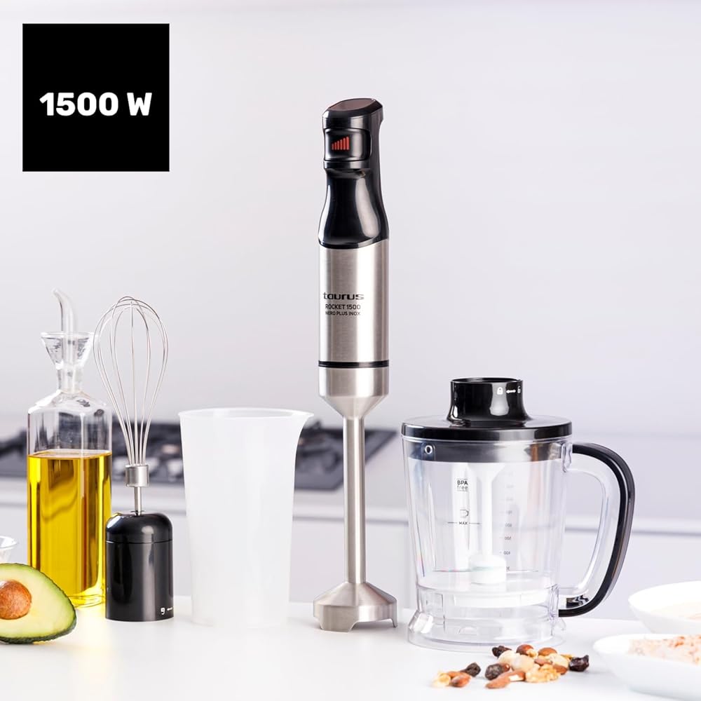 Taurus - Mixeur Plongeant Rocket Nero Plus Inox | 1500W | Régulateur de Puissance | Design Ergonomique | Pied et Lames Inox | Anti-éclaboussures | Compatible Lave-vaisselle : Cuisine et Maison