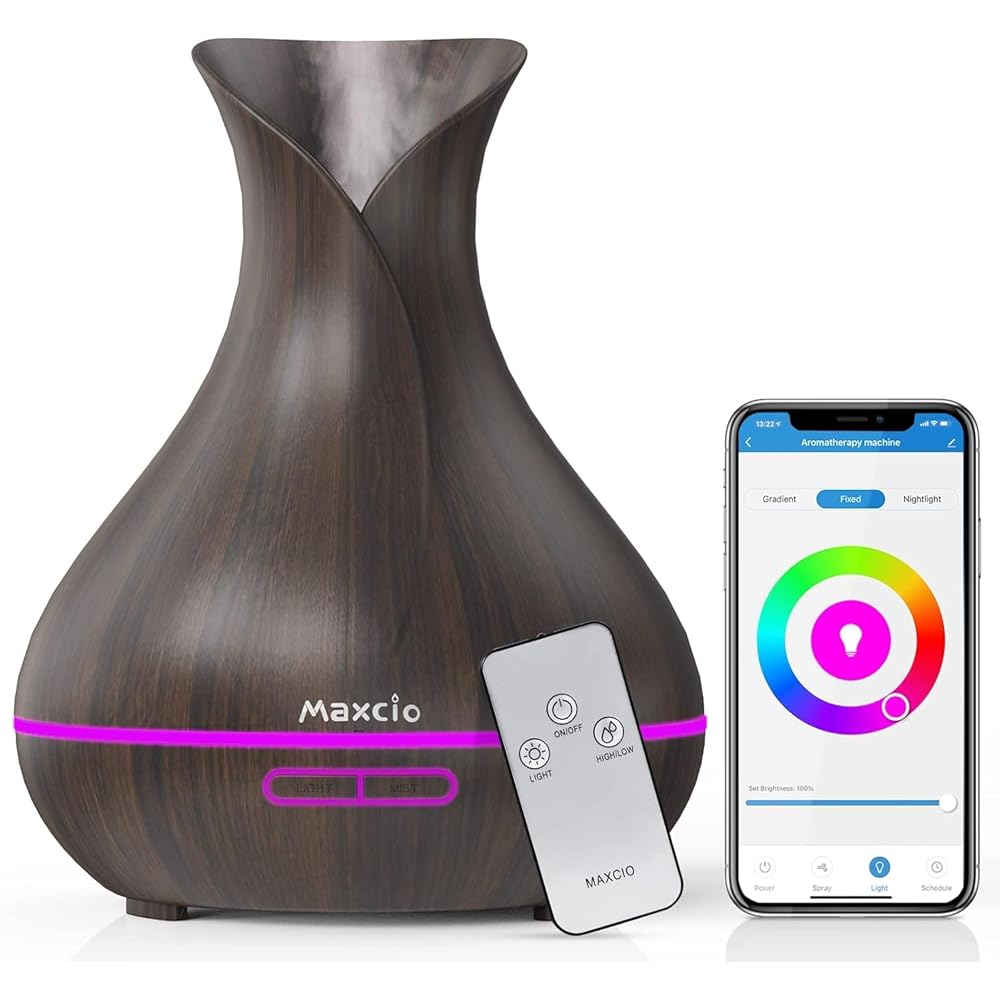 Maxcio Diffuseur d'Huiles Essentielles WiFi, Humidificateur d'Air Compatible avec Alexa et Google Home, Diffuseur électrique Connecté avec Lumières Colorées, Minuterie et Contr?le à Distance sur l’APP : Hygiène et Santé