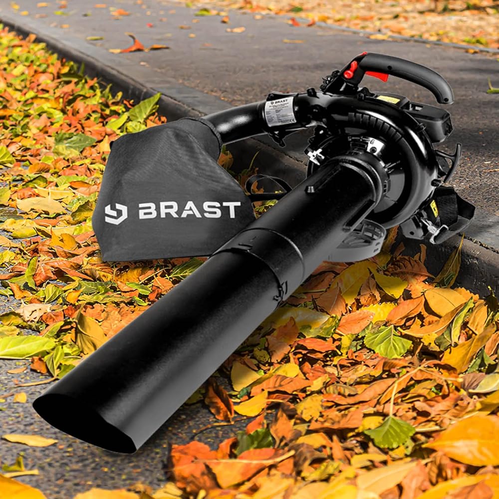 BRAST Souffleur, aspirateur, broyeur therrmique 1000W 30cc vitesse de soufflage 265km/h 1,36cv 9.000 trs/min sac 55l, anti-vibrations, sangle réglable, 4en1 : Jardin