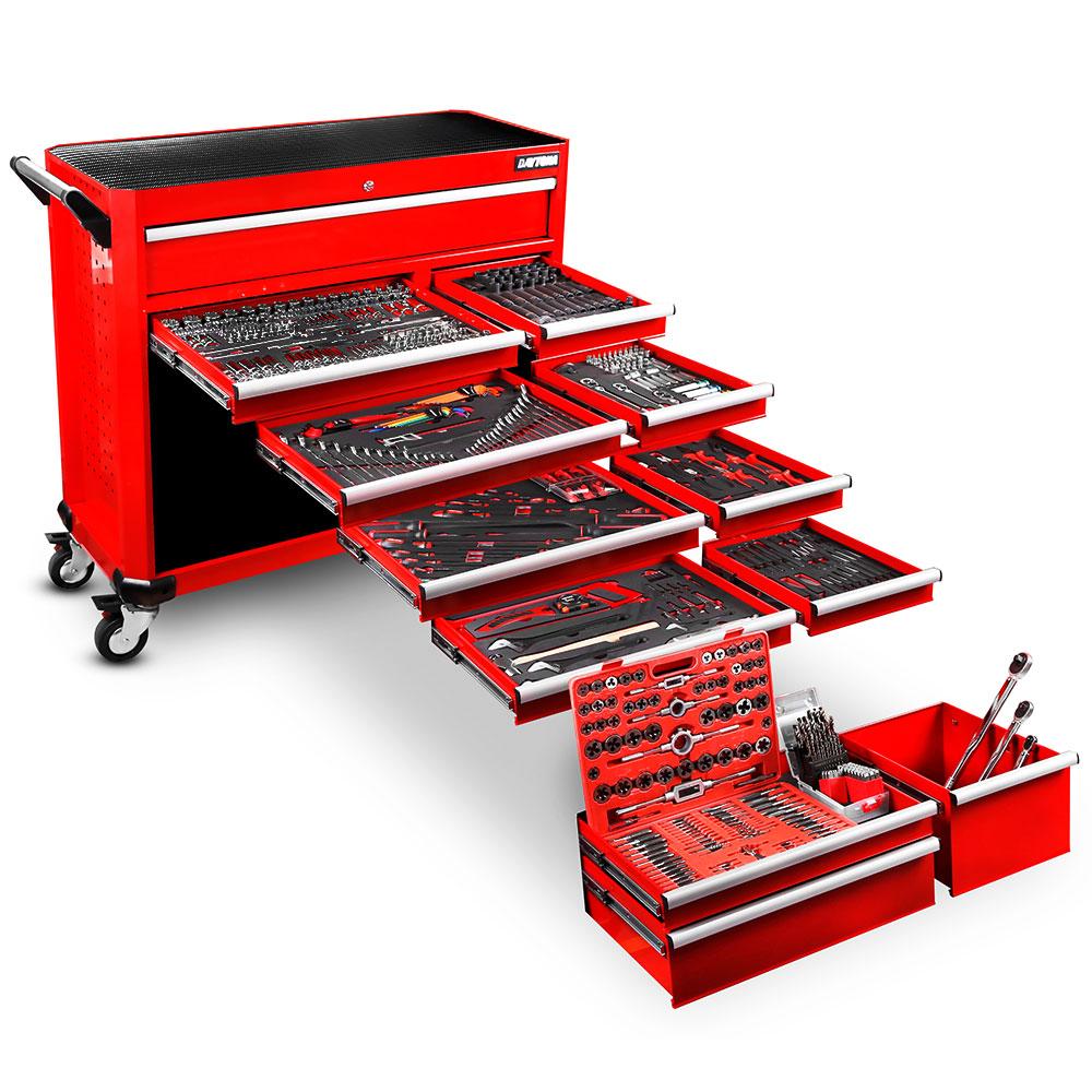 Daytona 655 Piece  Mechanical Tool Set with 43 12 Drawer Red Roller Cabinet