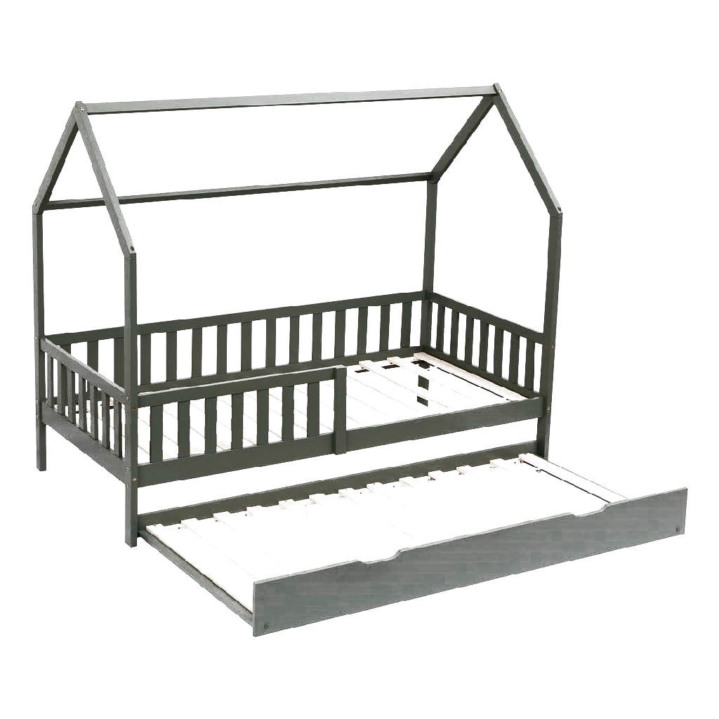 Lit cabane pour enfant gris avec tiroir — Structure en bois massif — Lit gigogne intégré