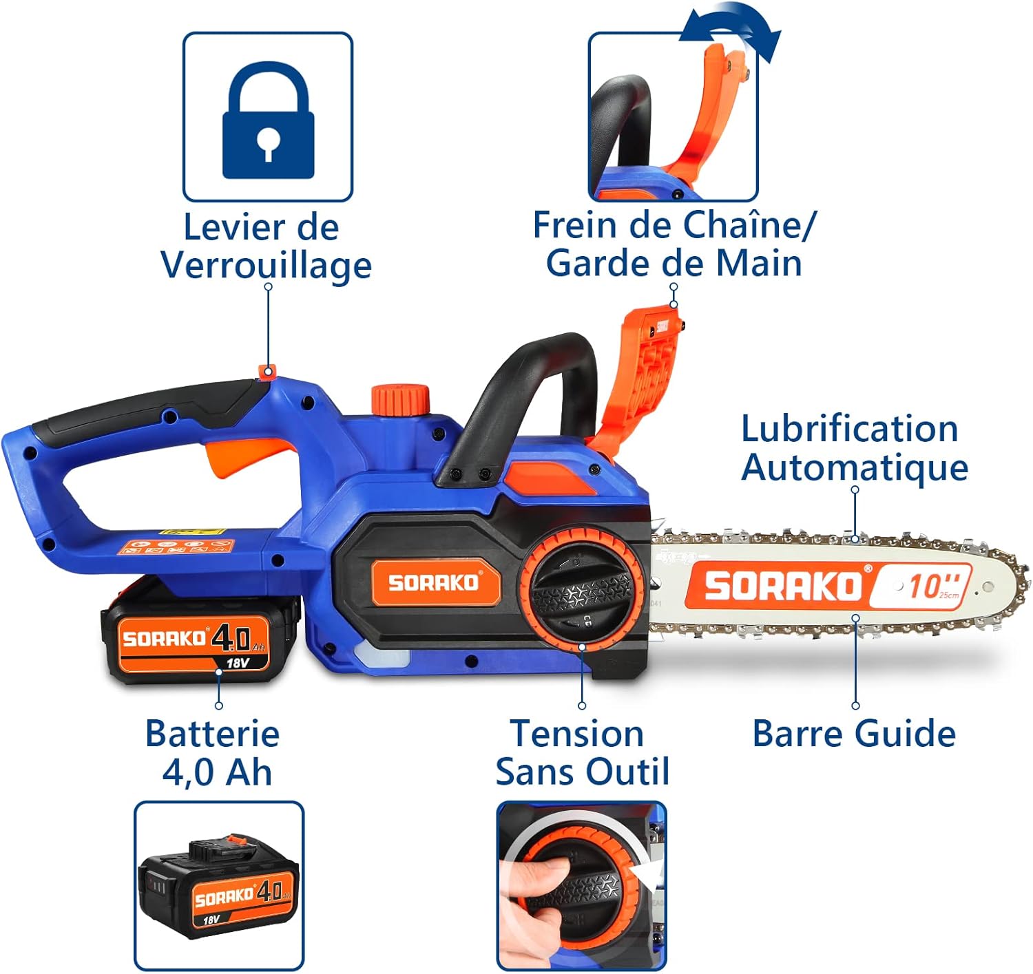 SORAKO Trononneuse Sans Fil 4.0Ah 18V, Tronconneuse a Batterie 25,4cm, Tendeur de Chaine Sans Outil (Comprend une batterie Li-Ion, chargeur rapide) Pour Couper du Bois Arbres Haies