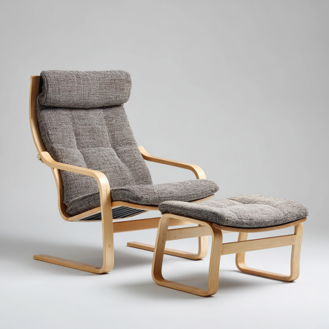 Fauteuil Poang avec repose-pieds en bois clair et coussins gris