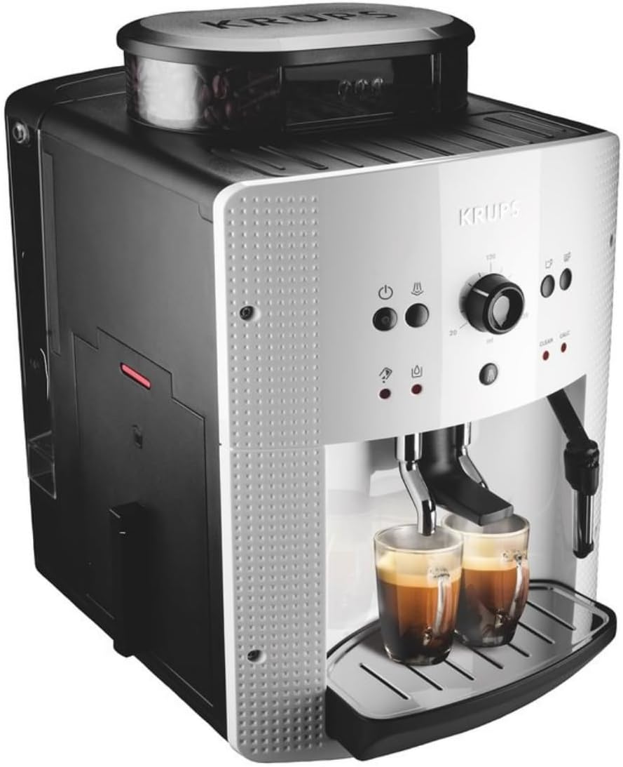 Krups Machine à café broyeur grain, 2 expresso simultanés, Nettoyage automatique, Buse vapeur Cappuccino, Essential blanche EA810570