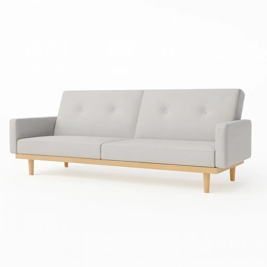 Canapé 3 places en tissu polyester gris clair avec pieds en bois de hêtre