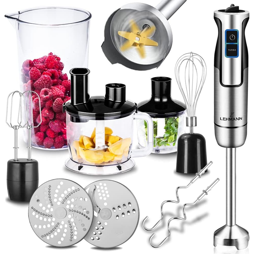 Lehmann Chopsui Mixeur plongeant 1200 W, Mixeur Plongeur avec 8 niveaux de vitesse en acier inoxydable, Mixeur blender pour Aliments pour Bebe, Soupe, Sauce et Purée, 9 Accessoires du mixer inclus : Cuisine et Maison