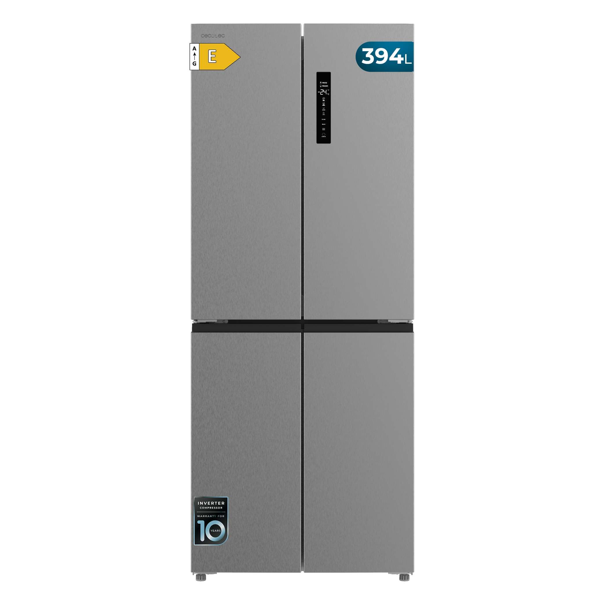 Cecotec Réfrigérateur 4 Portes Total No Frost Bolero CoolMarket 4D 394 Inox E,394 Litres, Hauteur 170 cm et 70 cm Largeur, Tiroir Température Variable
