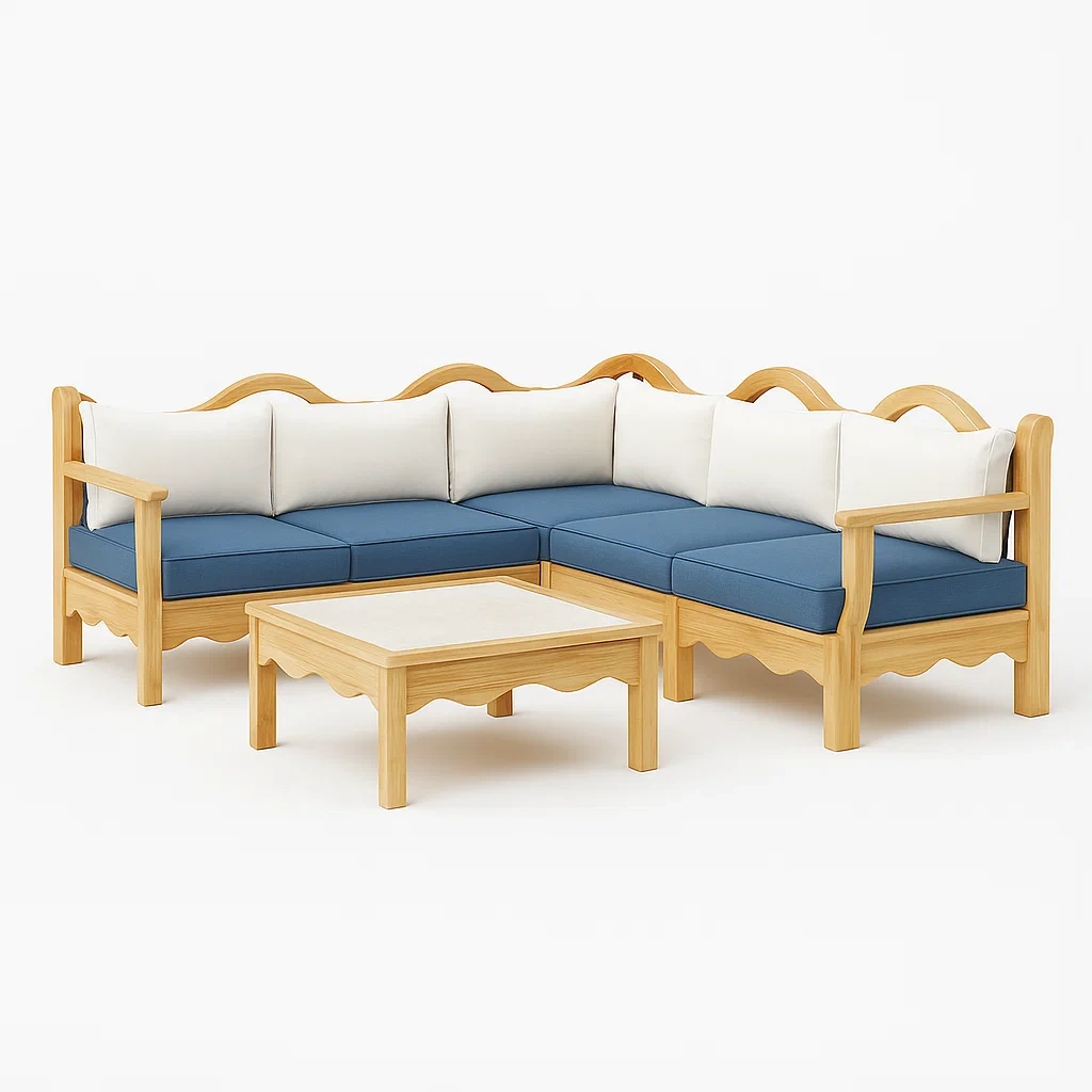Canapé d’angle en bois avec coussins en polyester bleu/blanc