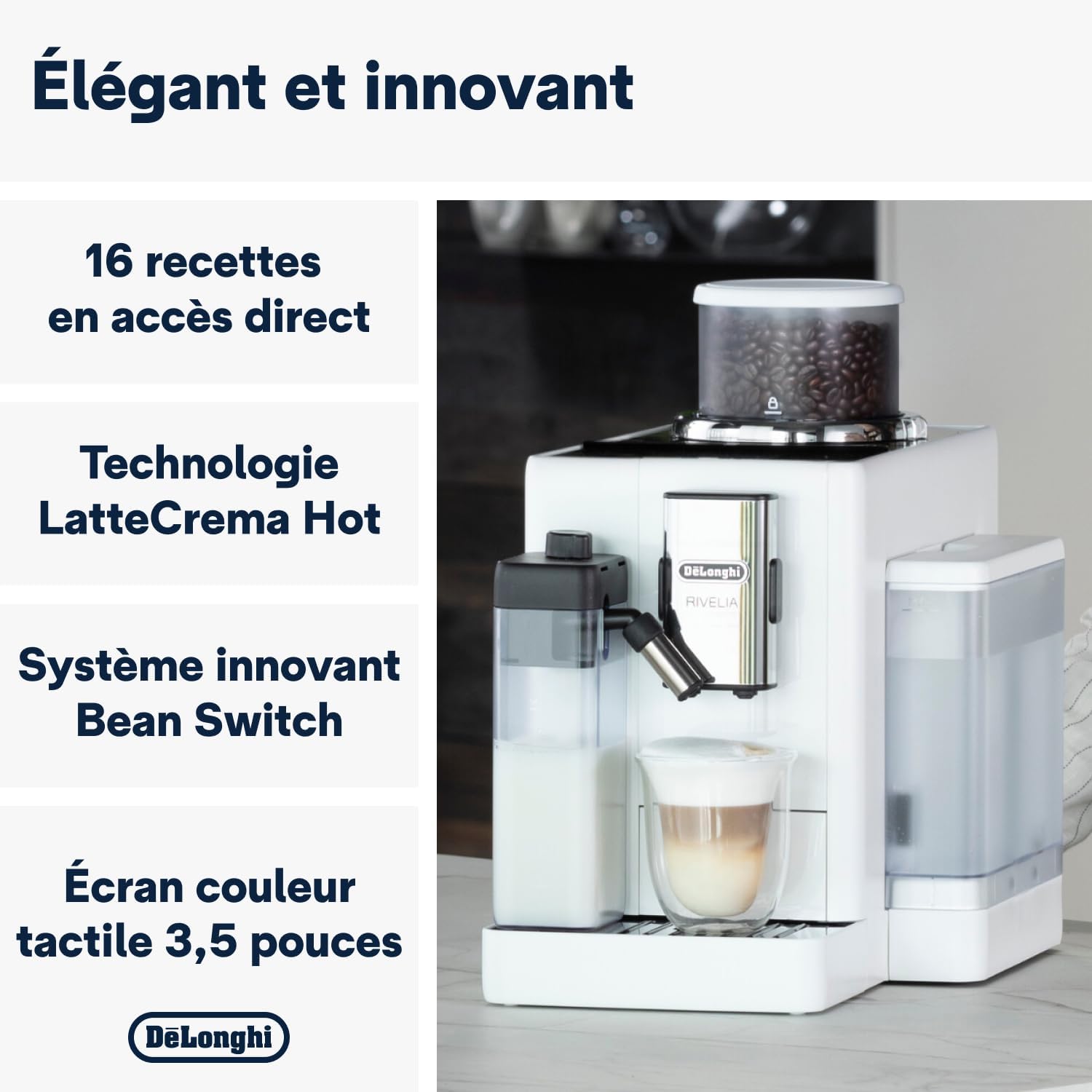 De'Longhi Rivelia EXAM440.55.W, Machine À Café Grain Automatique, Grains Fraîchement Moulus, Bac à Grains Interchangeable, Carafe à lait Automatique, 16 Recettes, Écran Tactile Couleur, Blanc