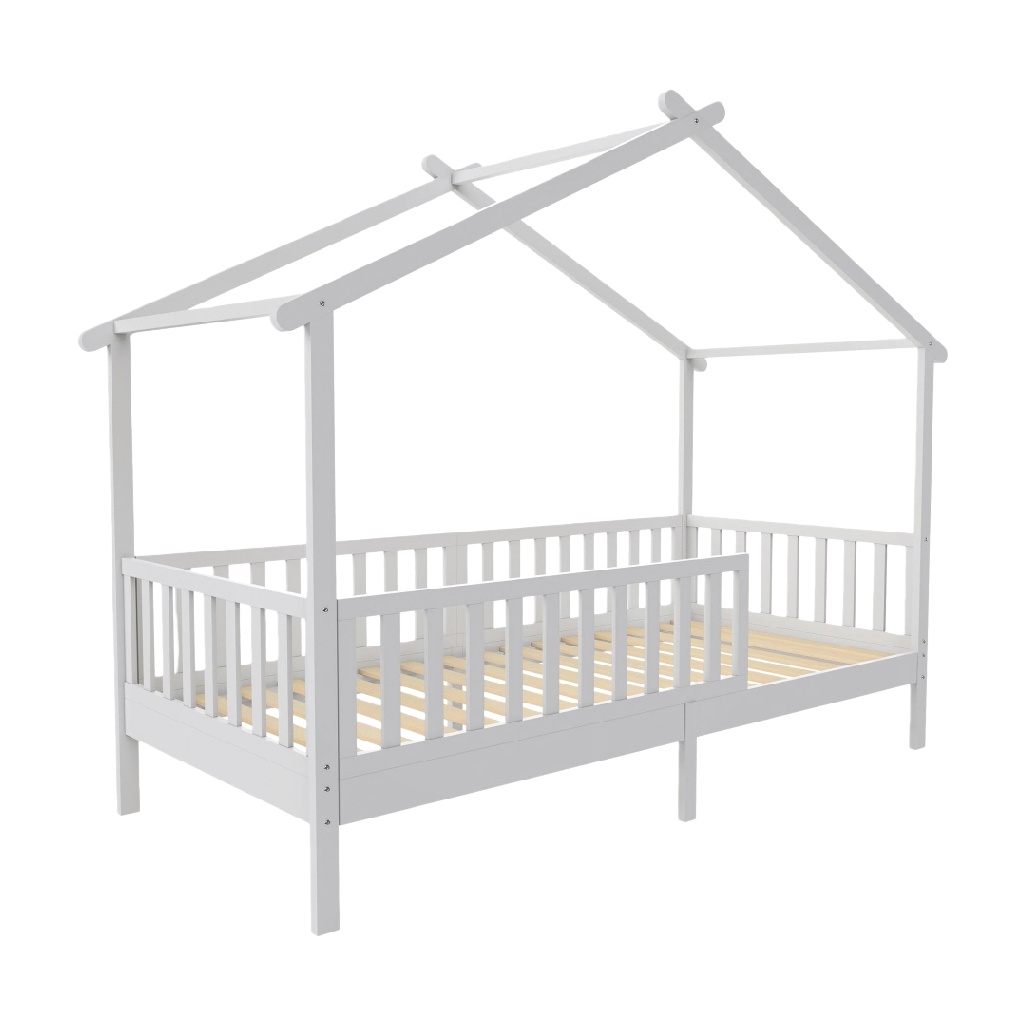 Lit cabane pour enfant en bois blanc — Avec barrières de sécurité