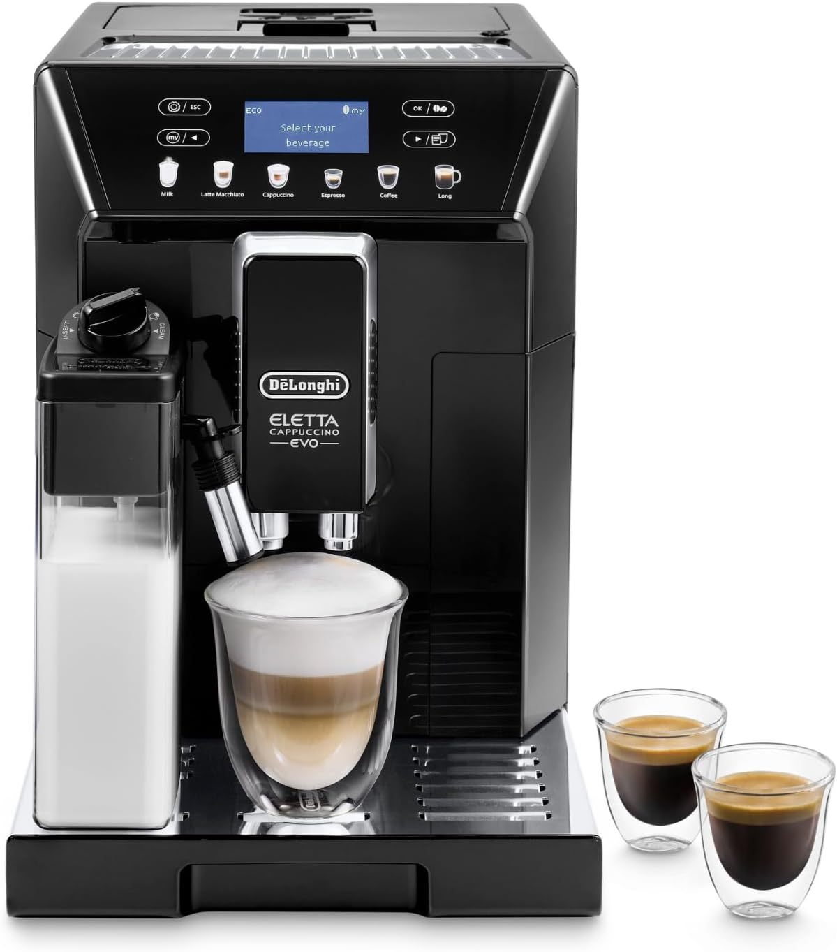 De'Longhi Eletta Evo ECAM 46.860.B Kaffeevollautomat mit LatteCrema Milchsystem, Cappuccino und Espresso auf Knopfdruck, LCD Display und Sensor-Touch-Tasten, schwarz