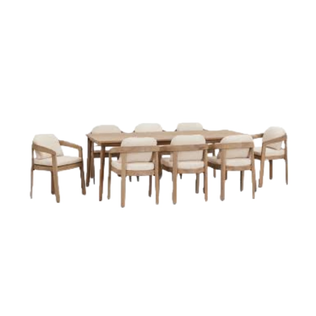 Ensemble salle à manger d’extérieur en bois – 8 places – table rectangulaire + chaises avec coussins