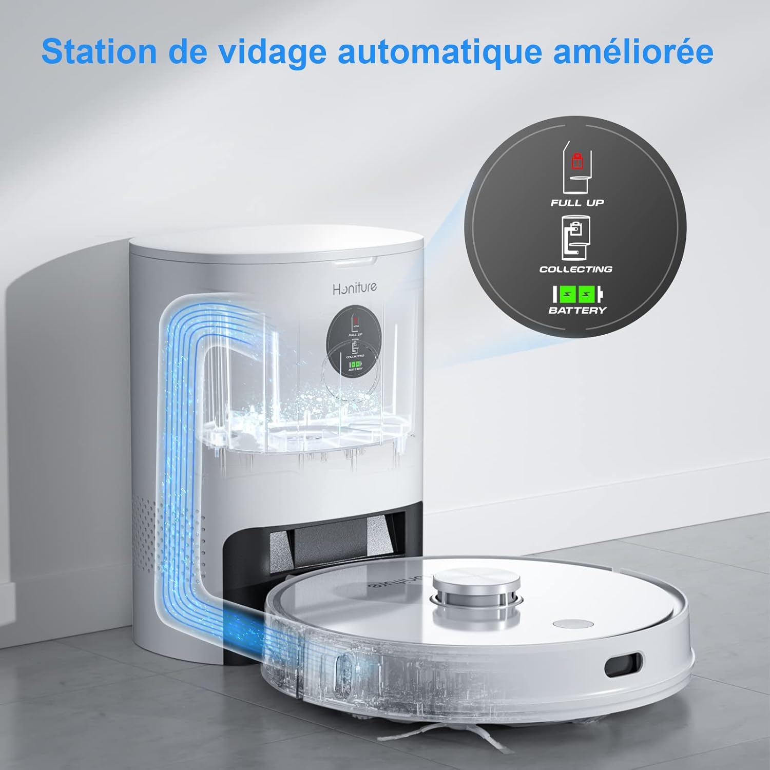 HONITURE Robot Aspirateur Laveur avec Station de Vidange, Aspirateur Robot Laser Q6 Pro, 3500pa, WiFi/APP/Alexa Contrôle, Cartographie 5-étages, Idéal pour Poils d'animaux, Tapis, Sols