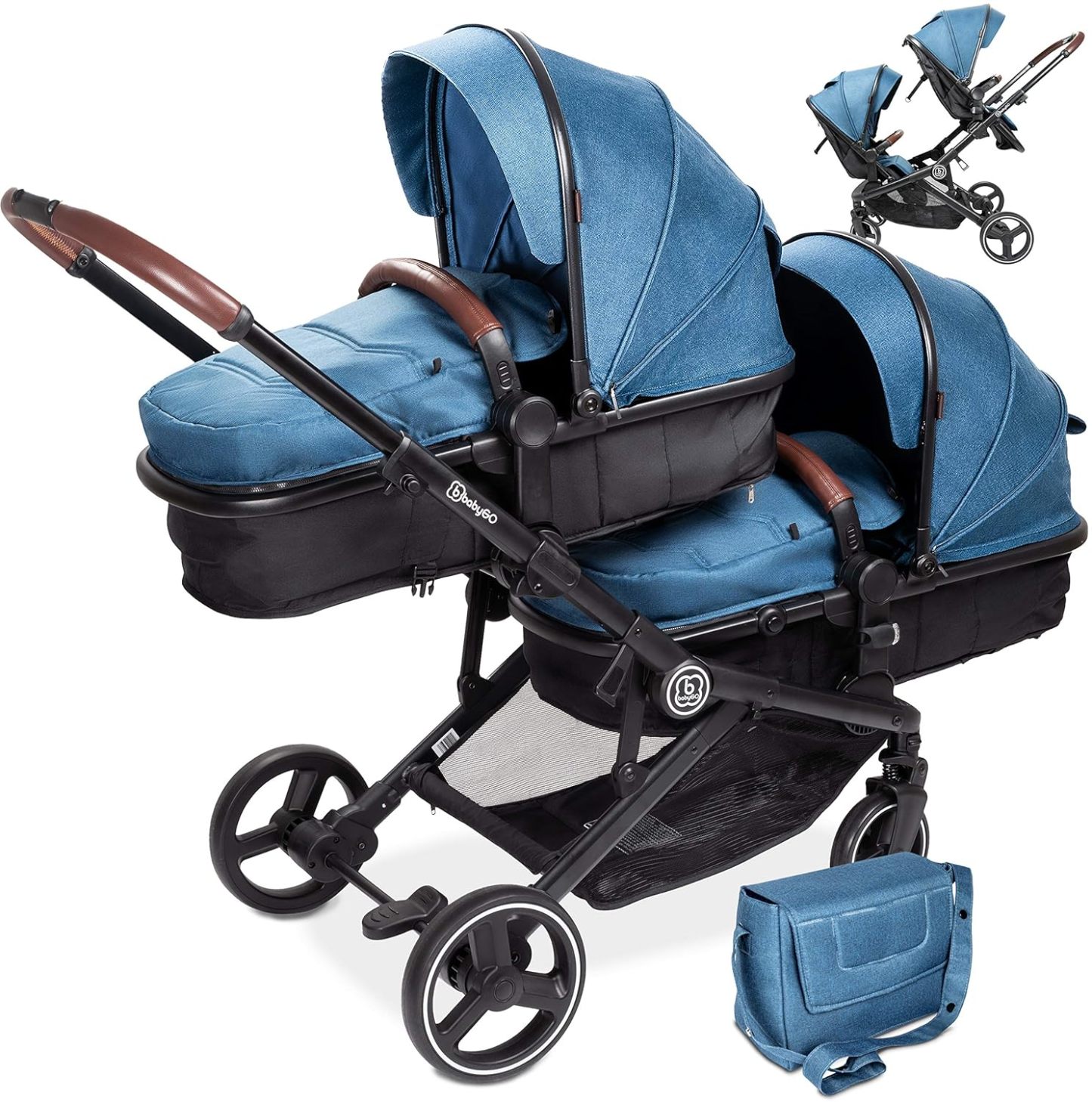 babyGO Kinderwagen 3 in 1 für Zwillinge - Geschwisterkinderwagen/Geschwisterwagen für Babys - Zwillingskinderwagen/Zwillingswagen für 2 Kinder mit viel Zubehör (Blau Melange-ohne Babyschale)