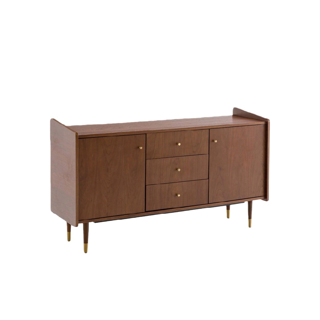 Buffet vintage noyer avec pieds dorés — 3 tiroirs et 2 portes — style scandinave / mid-century — meuble de rangement design
