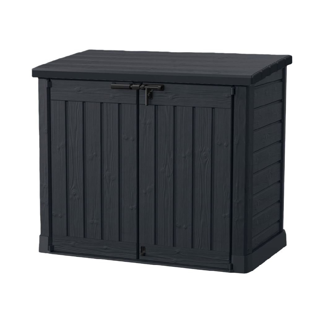 Coffre de rangement de jardin effet bois noir, armoire basse en résine PP étanche