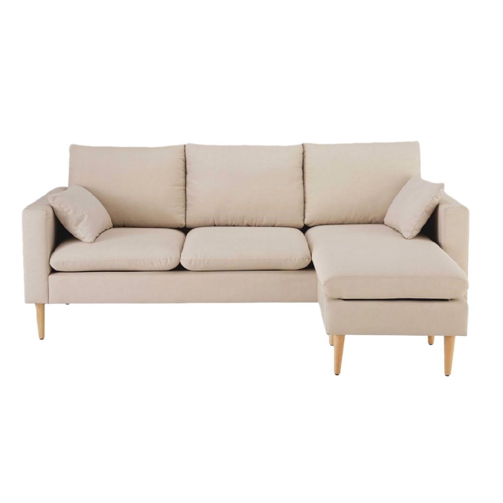 Canapé d’angle scandinave 3 places en tissu beige avec pieds en bois