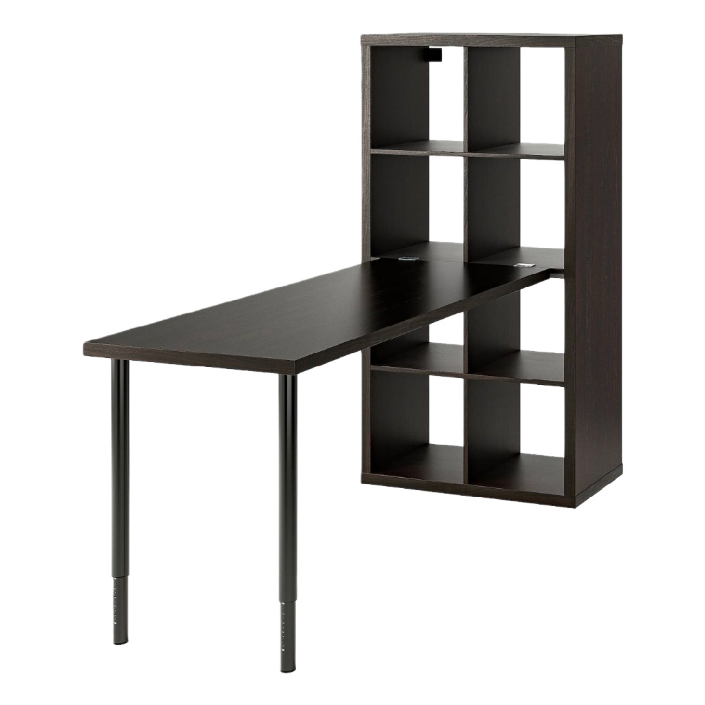 Bureau en bois foncé avec étagère à 8 compartiments intégrée — Design pratique