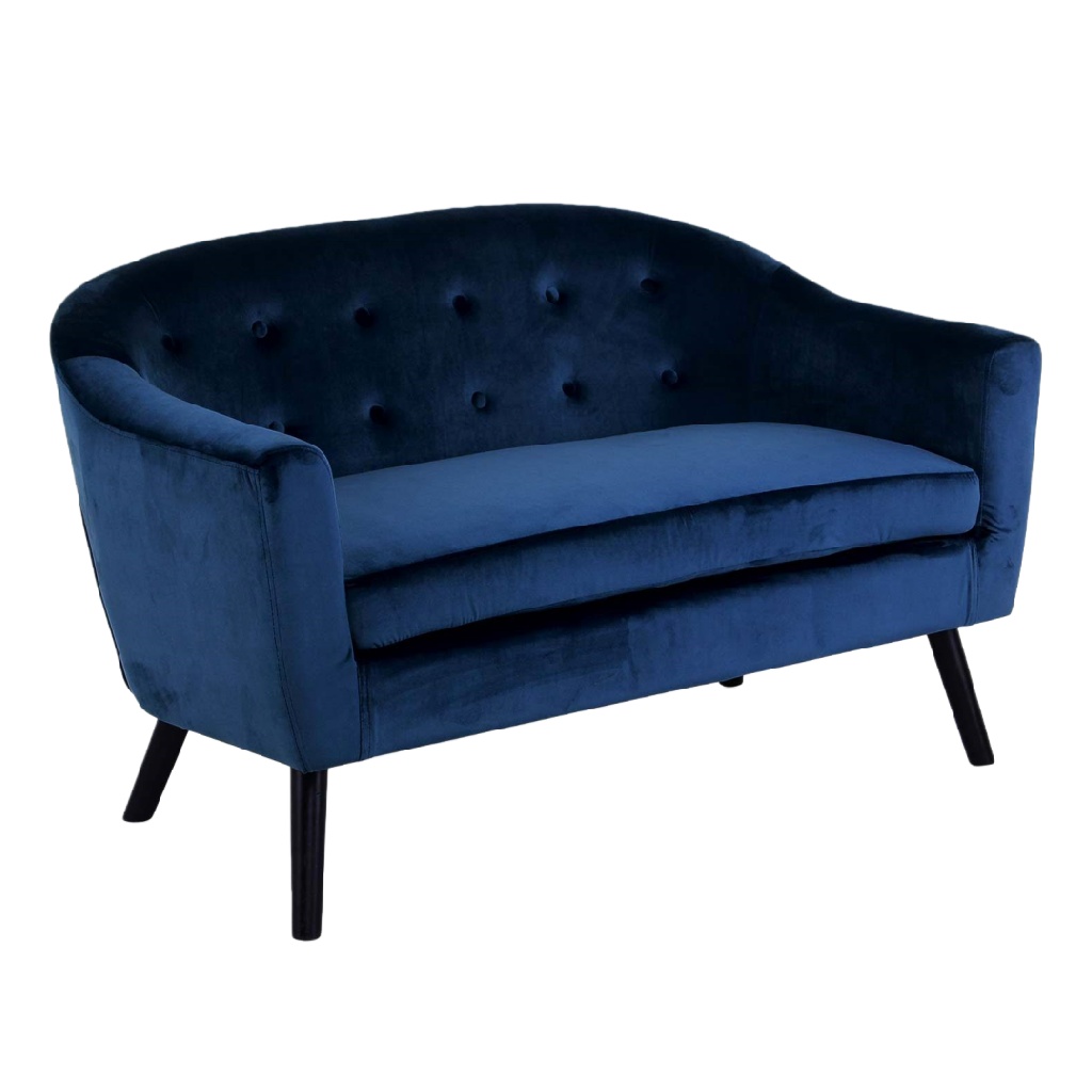 Canapé 2 places en velours bleu marine – style rétro chic avec dossier capitonné