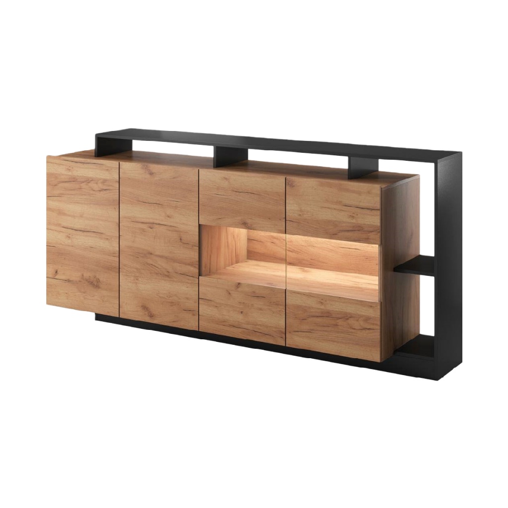 Buffet design industriel bois et métal noir avec éclairage LED — 4 portes et niche ouverte