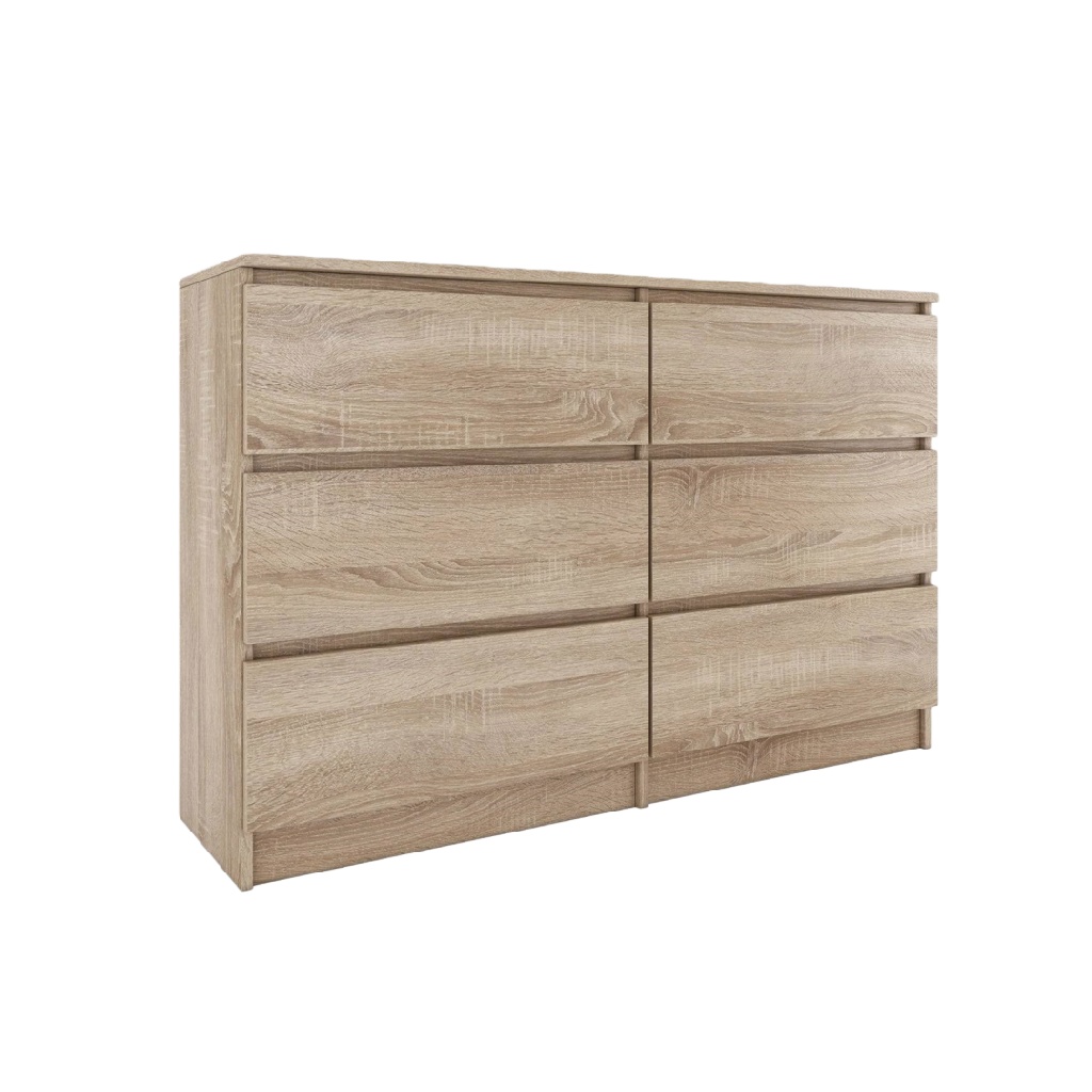 Commode 6 tiroirs effet chêne clair – 140×80×45 cm, design moderne sans poignées, rangement chambre/salon