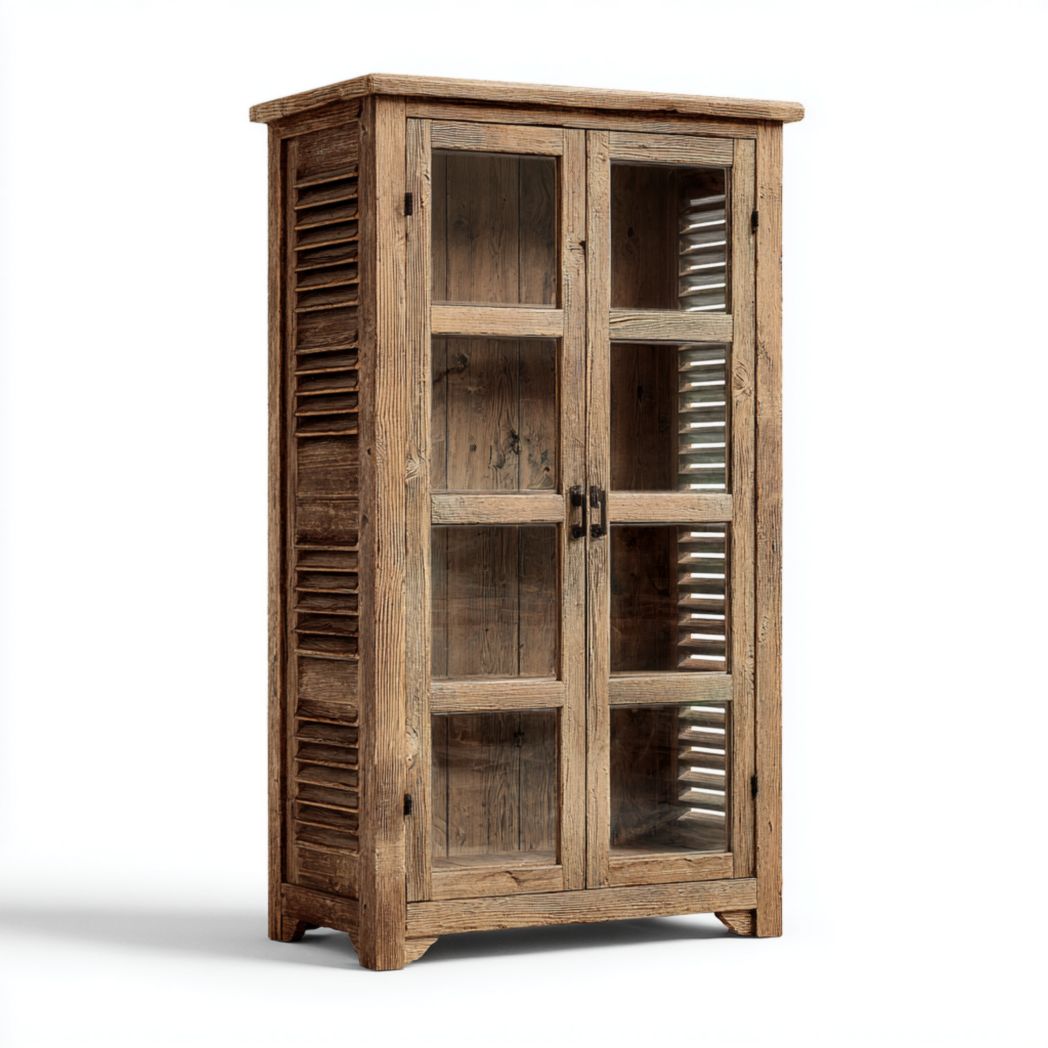 Vitrine en pin massif vieilli avec portes vitrées et persiennes latérales