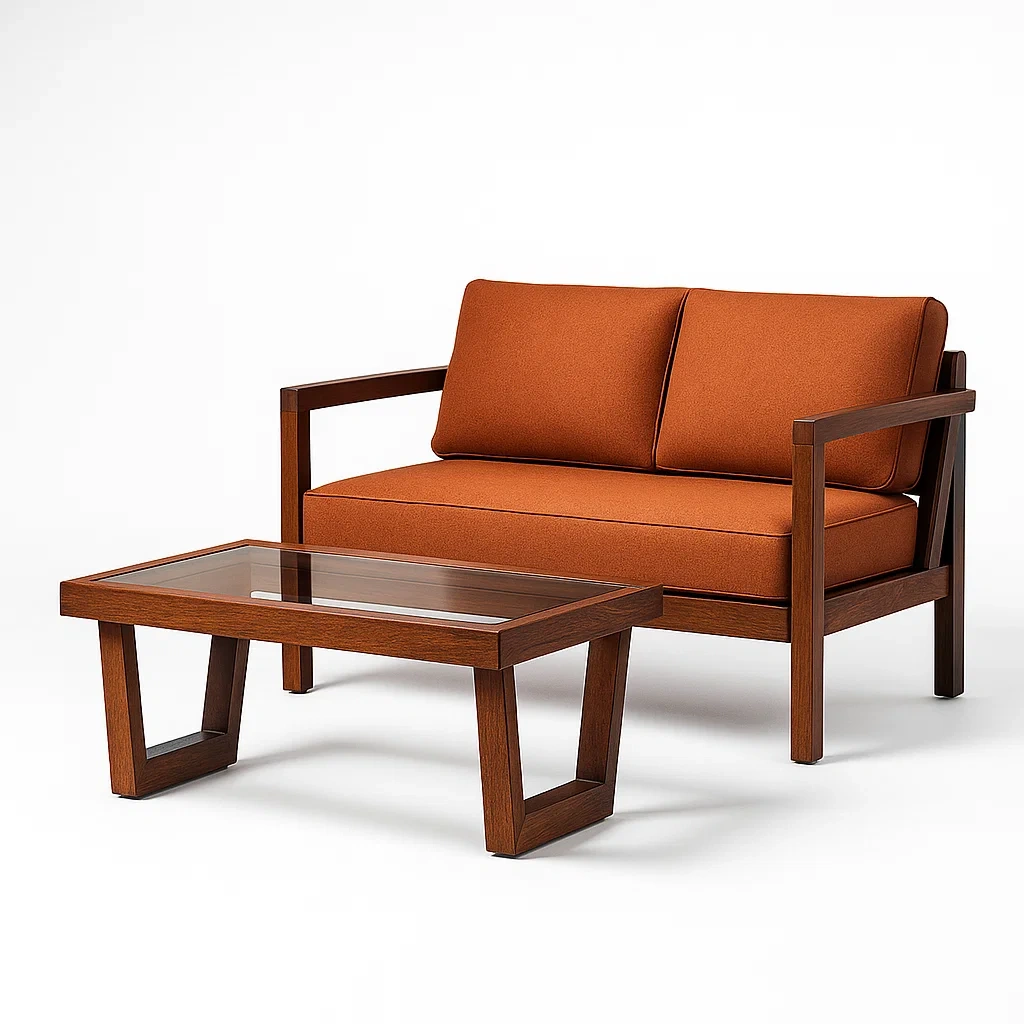 Salon de réception avec canapé 2 places et table basse, tissu orange, cadre bois et verre