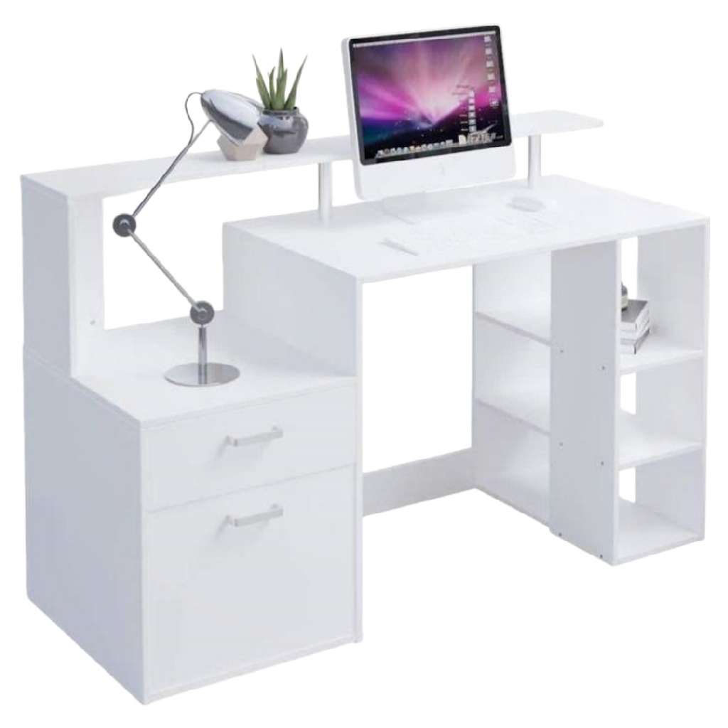 Bureau moderne blanc – design fonctionnel avec tiroirs et étagères – poste de travail ergonomique