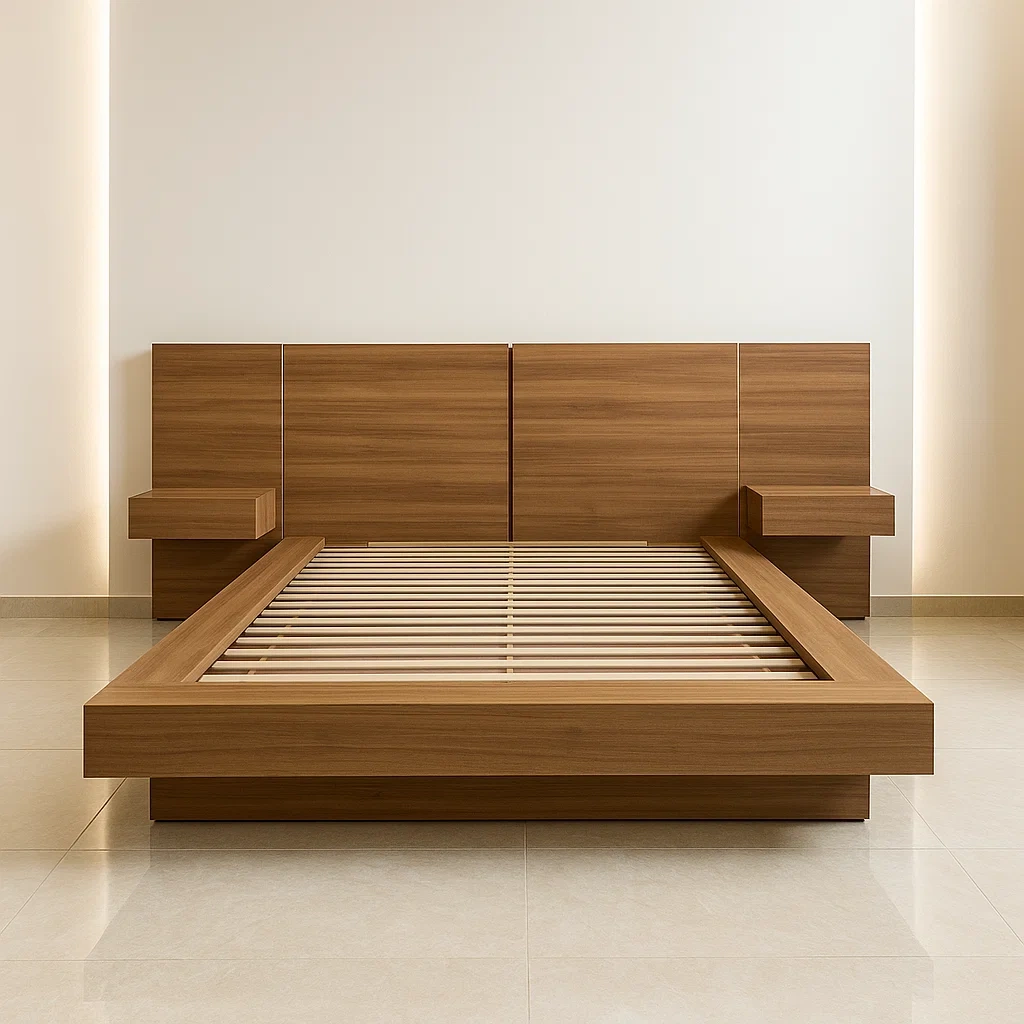 Ensembles de chambre à coucher 4 pièces marron en bois composite avec lit tête de lit et 2 tables de chevet