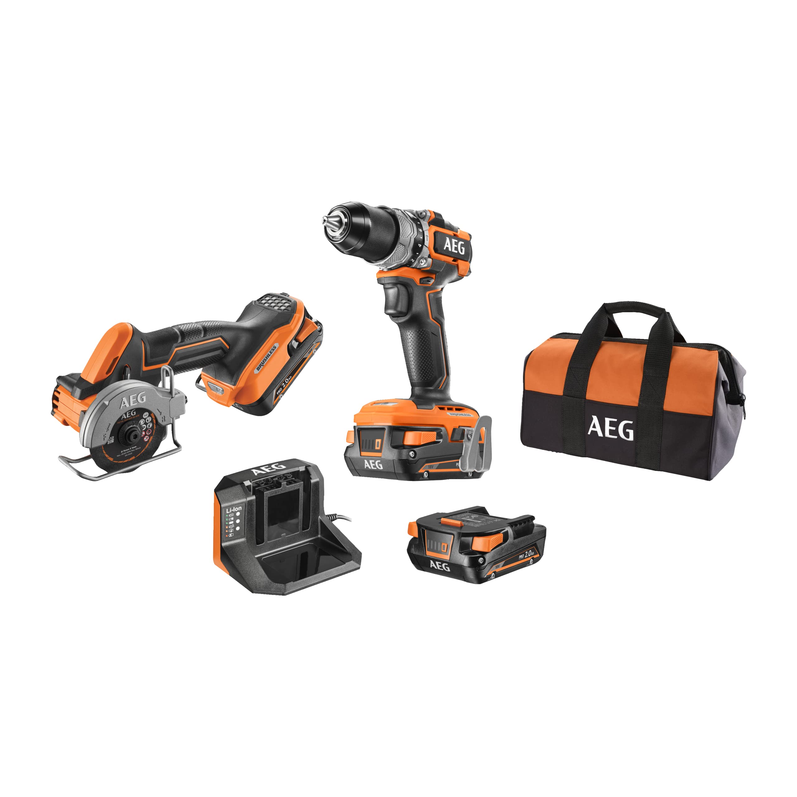 AEG - Duo Brushless : Perceuse à percussion Brushless Subcompact 18V, mini scie multi-matériaux Brushless Subcompact 18V, 2 batteries 2,0 Ah, chargeur